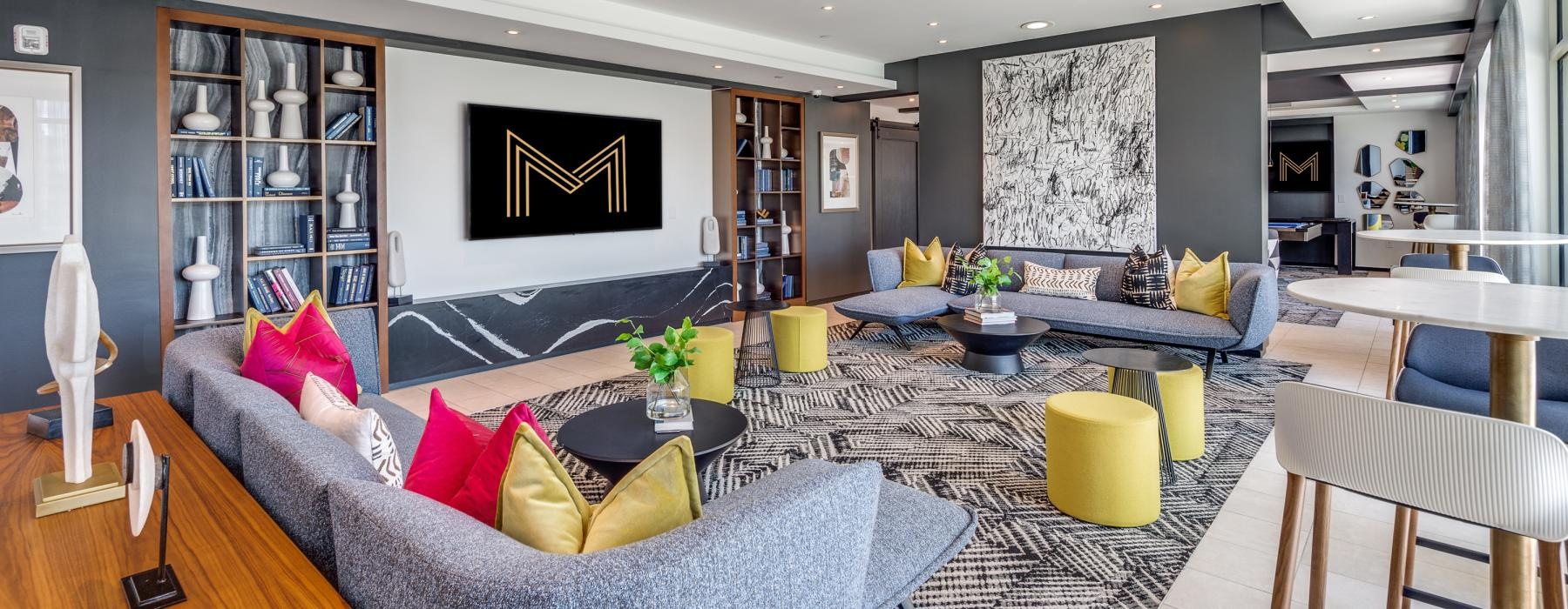 a living room with a couch and a table